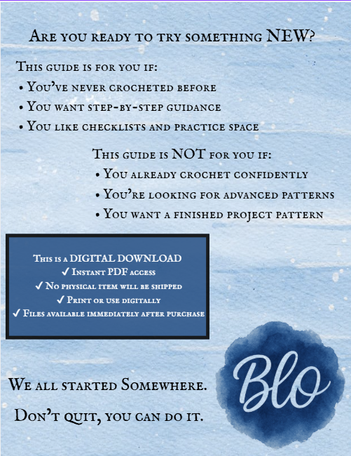 Promotional text for a crochet guide on a blue watercolor background with 'Blo' branding.