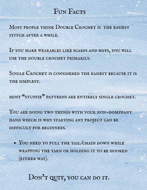 Text on a light blue background with snowflake decorations, providing information about crochet stitches.