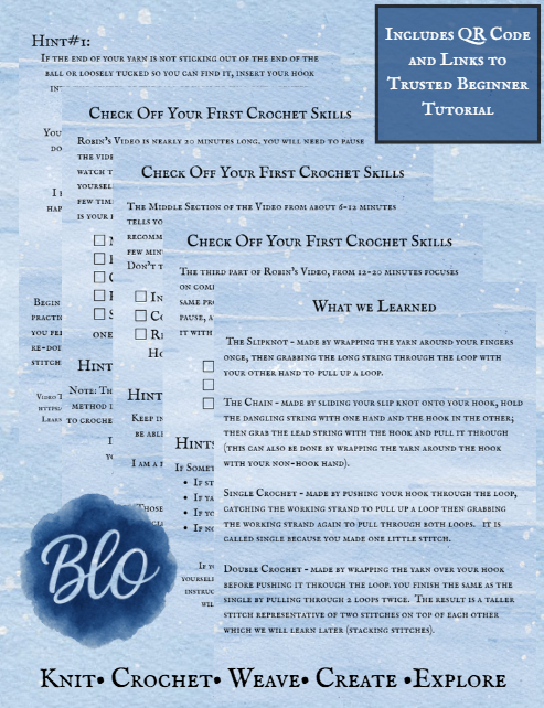 Sheet with text and checkboxes titled 'Check Off Your First Crochet Skills' with a blue watercolor design and 'Blo' branding.