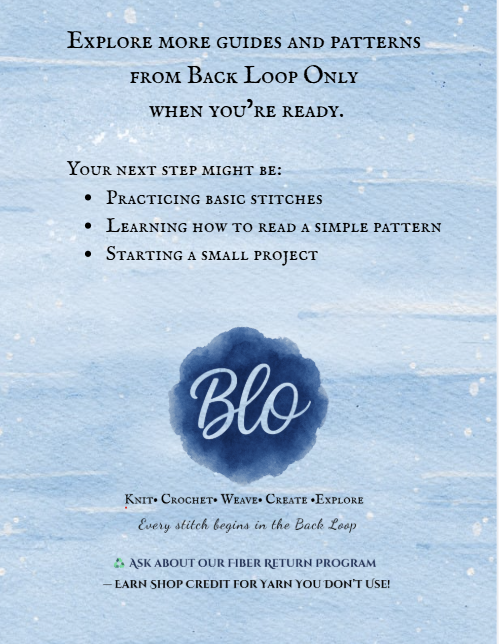Promotional text for Back Loop Only with a blue watercolor logo on a light blue background.