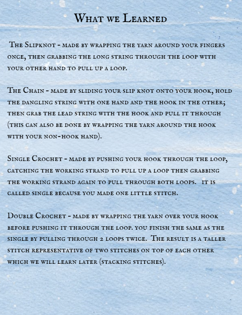 Text explaining various crochet stitches on a light blue background with snowflake patterns.