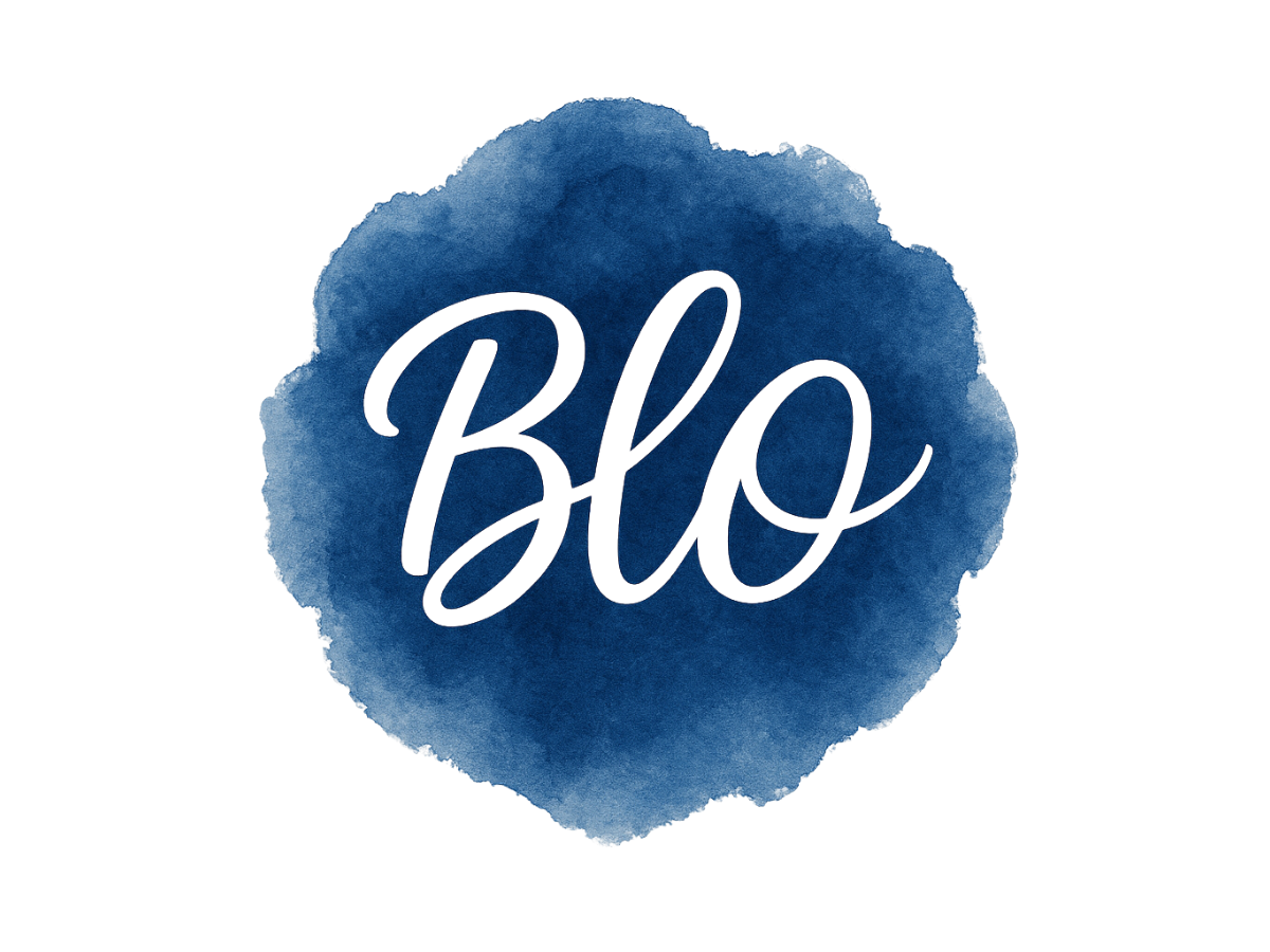Blue watercolor splash with 'Blo' text on a white background