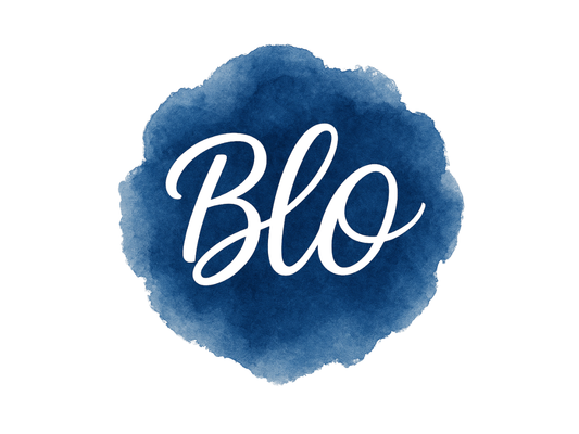 Blue watercolor splash with 'Blo' text on a white background