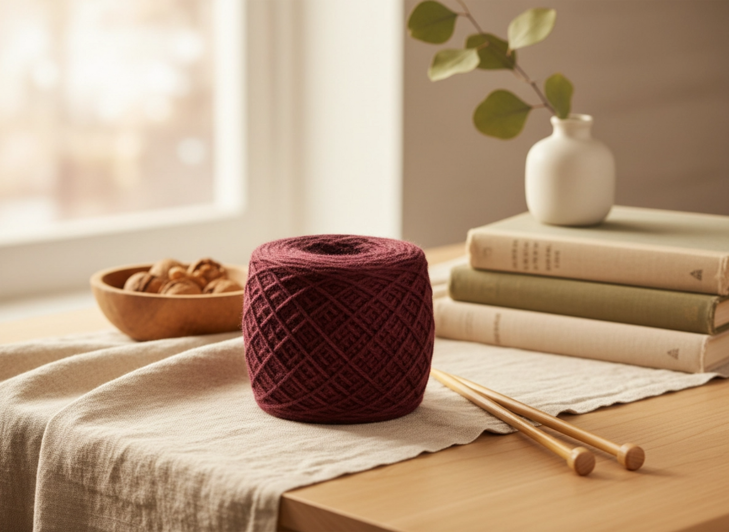 Maroon yarn ball with knitting needles on a wooden table near books and a plant