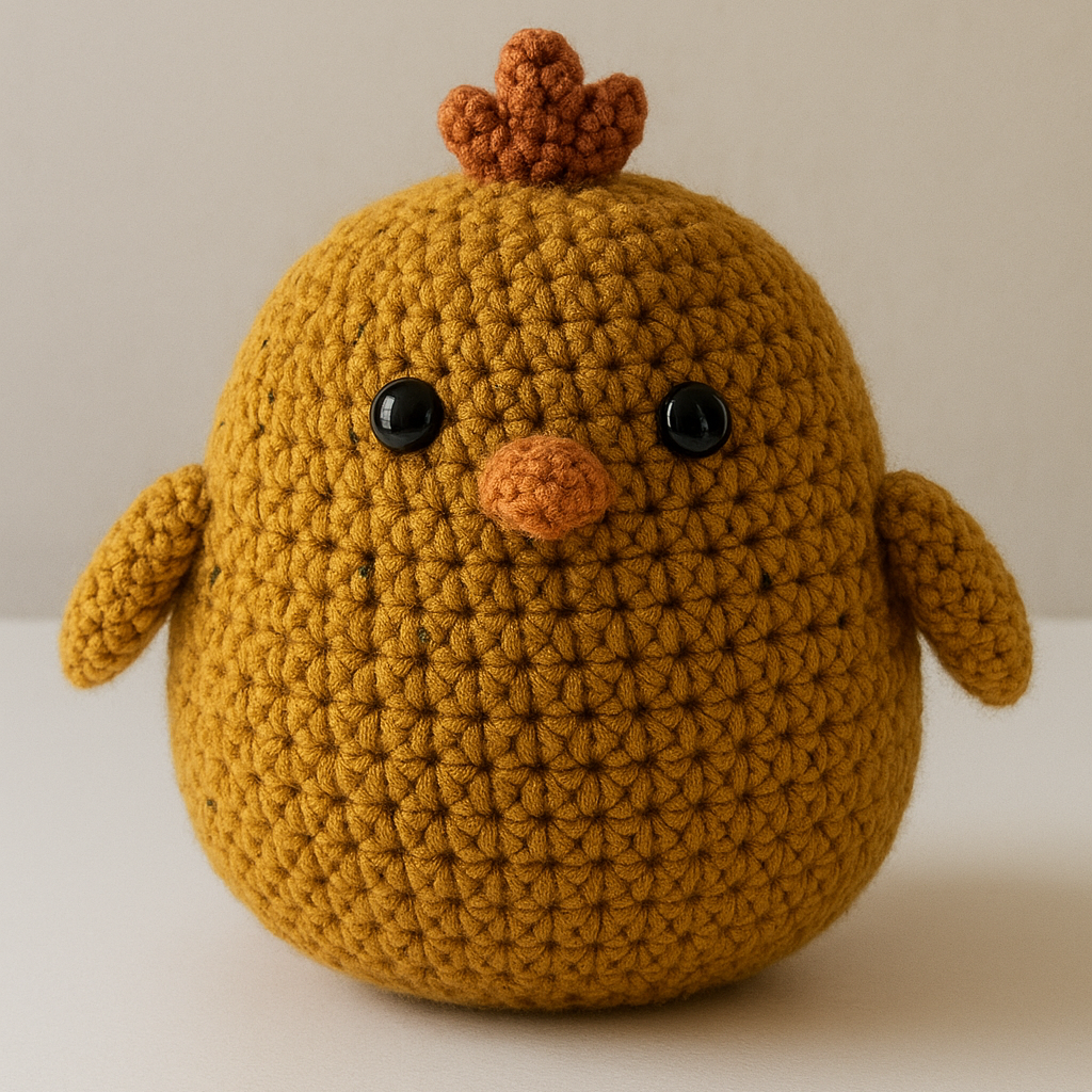 Crocheted mustard yellow chicken plush pillow