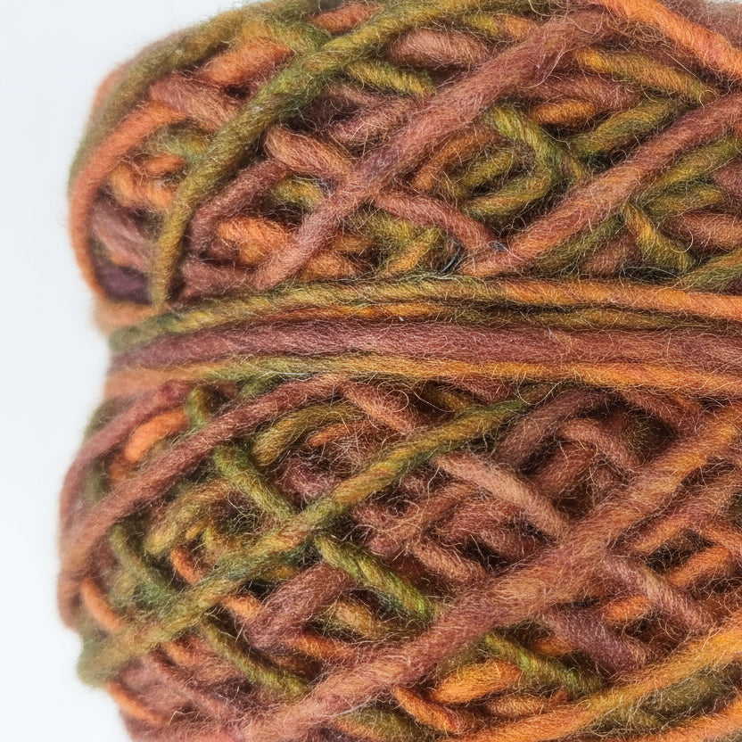 Close-up of a ball of multicolored yarn with shades of brown, green, and orange.