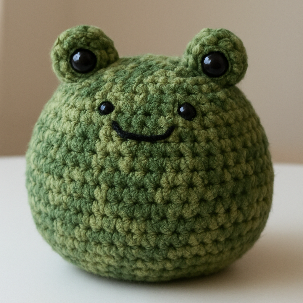 Crocheted green frog toy on a white surface with a beige background