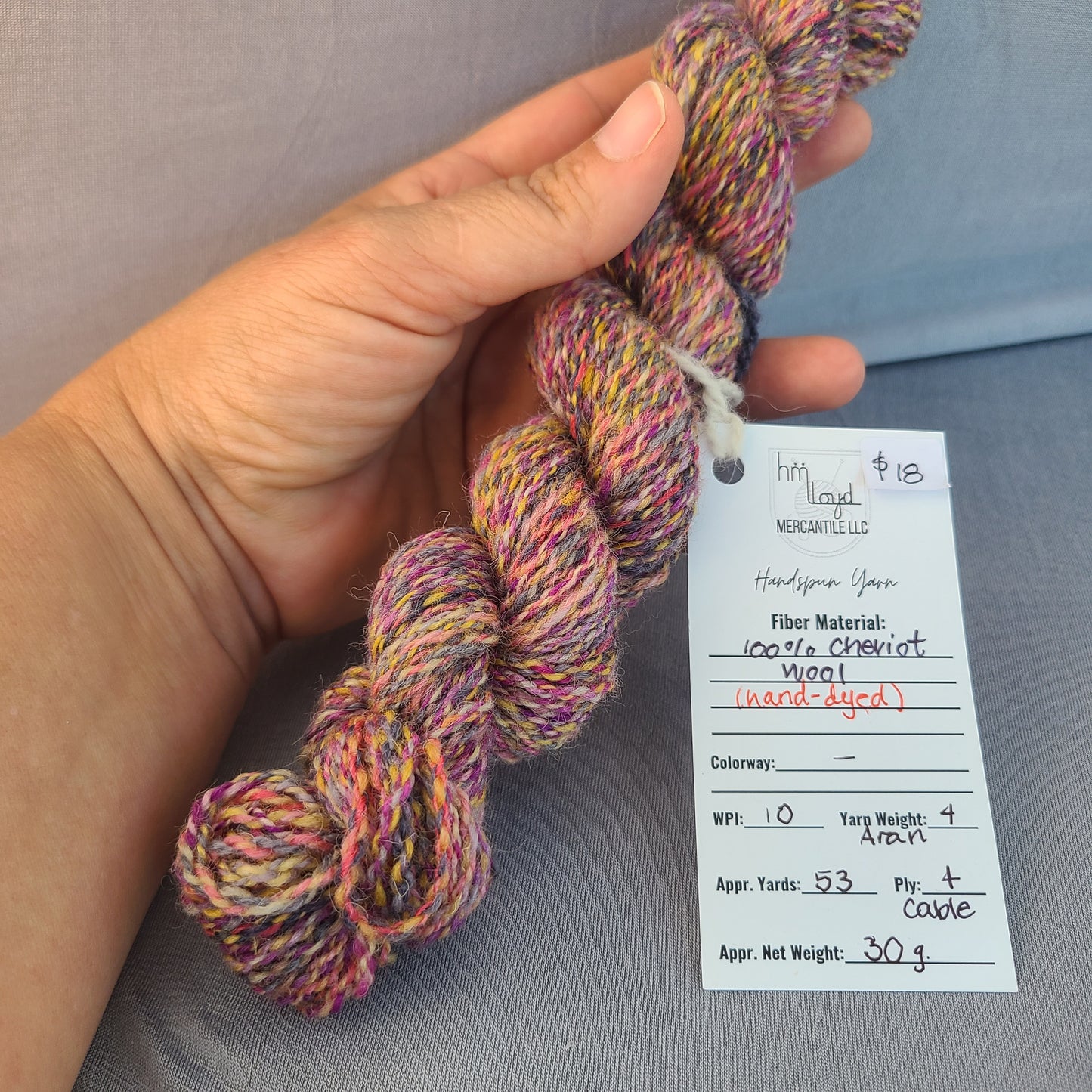Multicolored skein of yarn held in a hand with a label in the background.