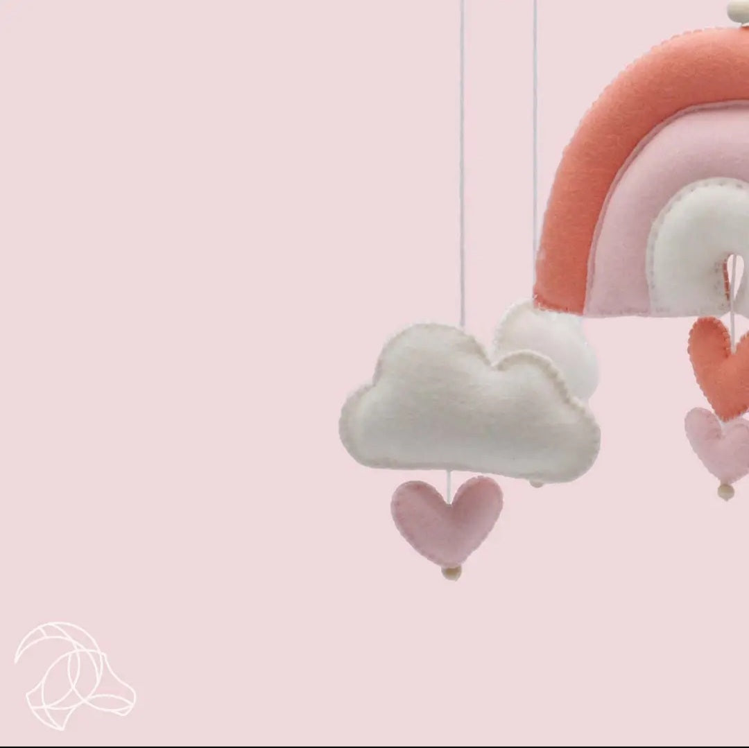 Nursery Decor DIY Kit Intermediate mobile with cloud, rainbow, and hearts on a pink background