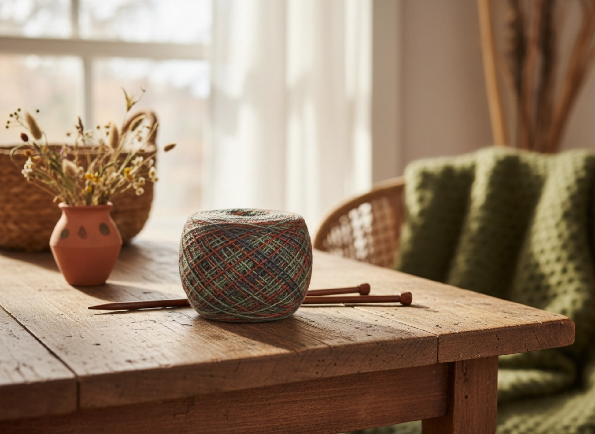 Ball of yarn with knitting needles on a wooden table, with a blurred background
