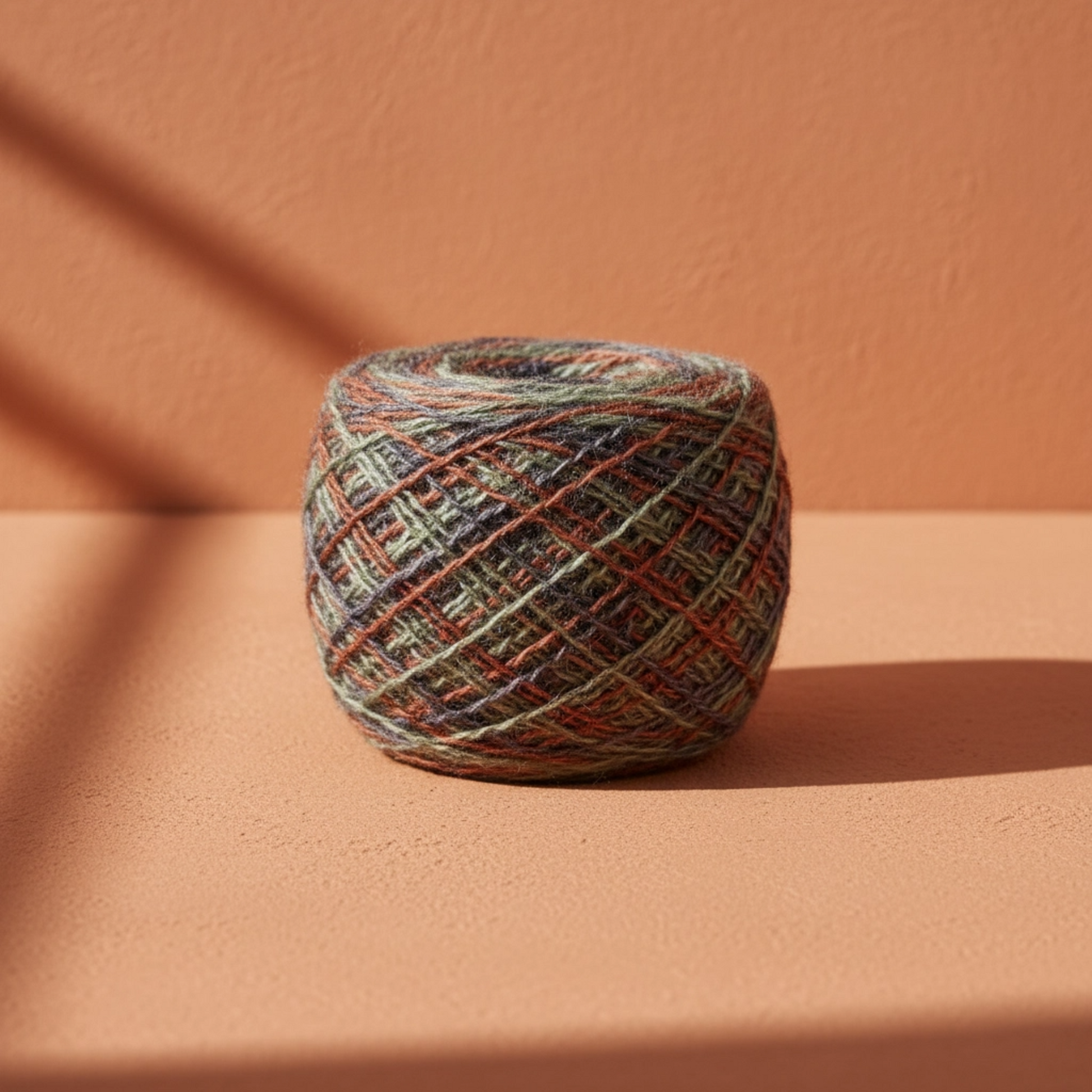 Multicolored yarn ball on a brown background