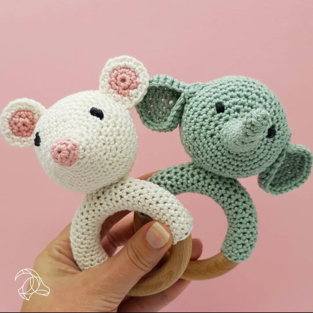 Baby Rattle, Crocheted Mouse and Elephant