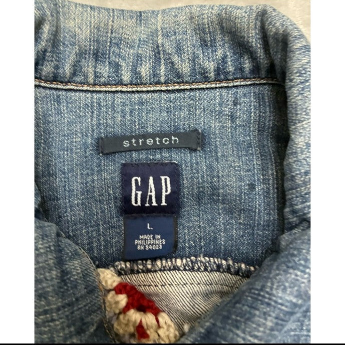 One-of-a-kind upcycled jean jacket with handmade crochet accents