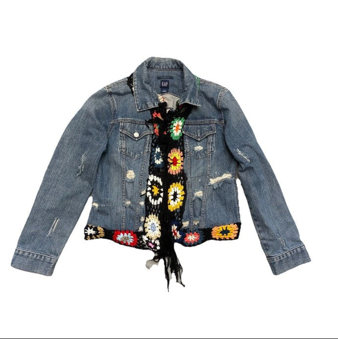 Upcycled vintage GAP denim jacket with crochet granny square trim, front view