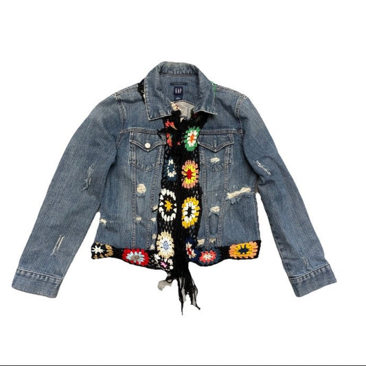 Upcycled vintage GAP denim jacket with crochet granny square trim, front view
