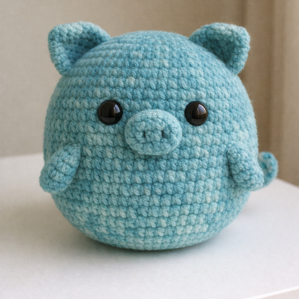 Blue crochet pig plush on a white surface with a beige background