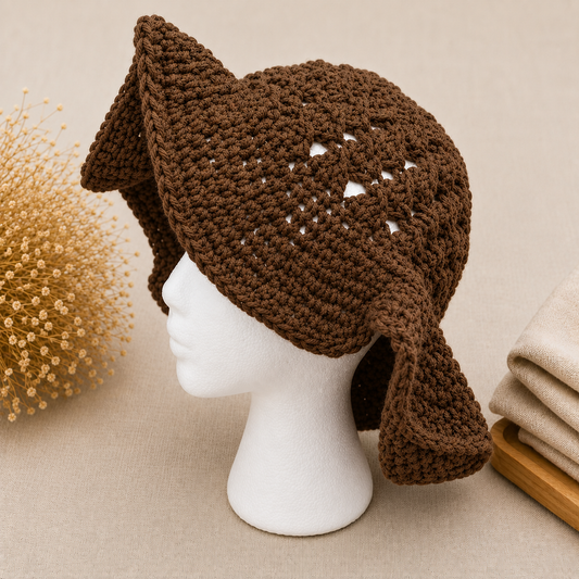 A brown crocheted ear-flap hat displayed on a white mannequin head against a warm beige background, with decorative dried flowers and folded fabric props at the sides.