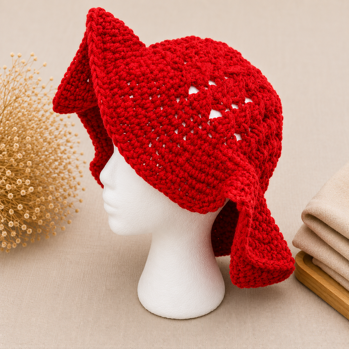 A bright red crocheted hat with ear flaps and a pointed top, displayed on a white mannequin head against a warm beige background with decorative dried flowers and folded fabric.