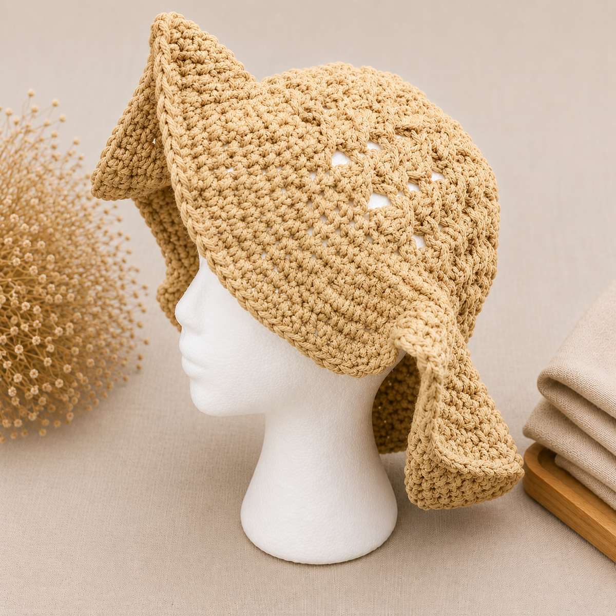 A beige crocheted sun hat with ear flaps and a small lace cutout on the side, displayed on a white mannequin head against a neutral beige background.