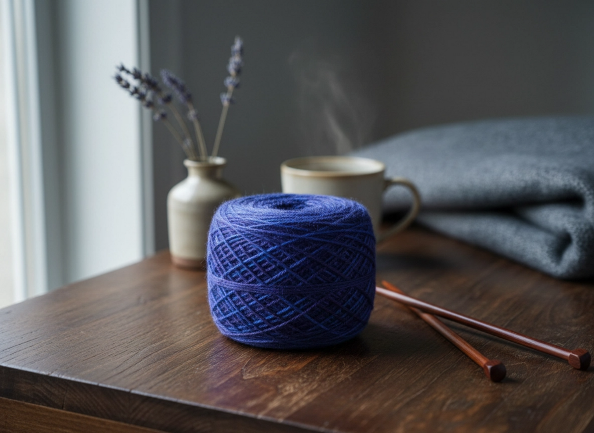 Blue yarn ball on a wooden surface with knitting needles and a cup of coffee in the background.