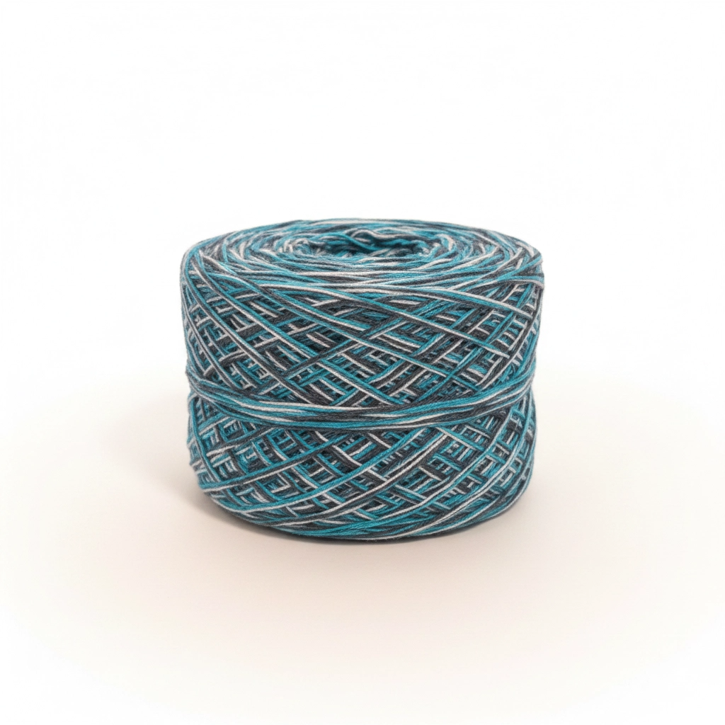Blue and gray skein of yarn on a white background
