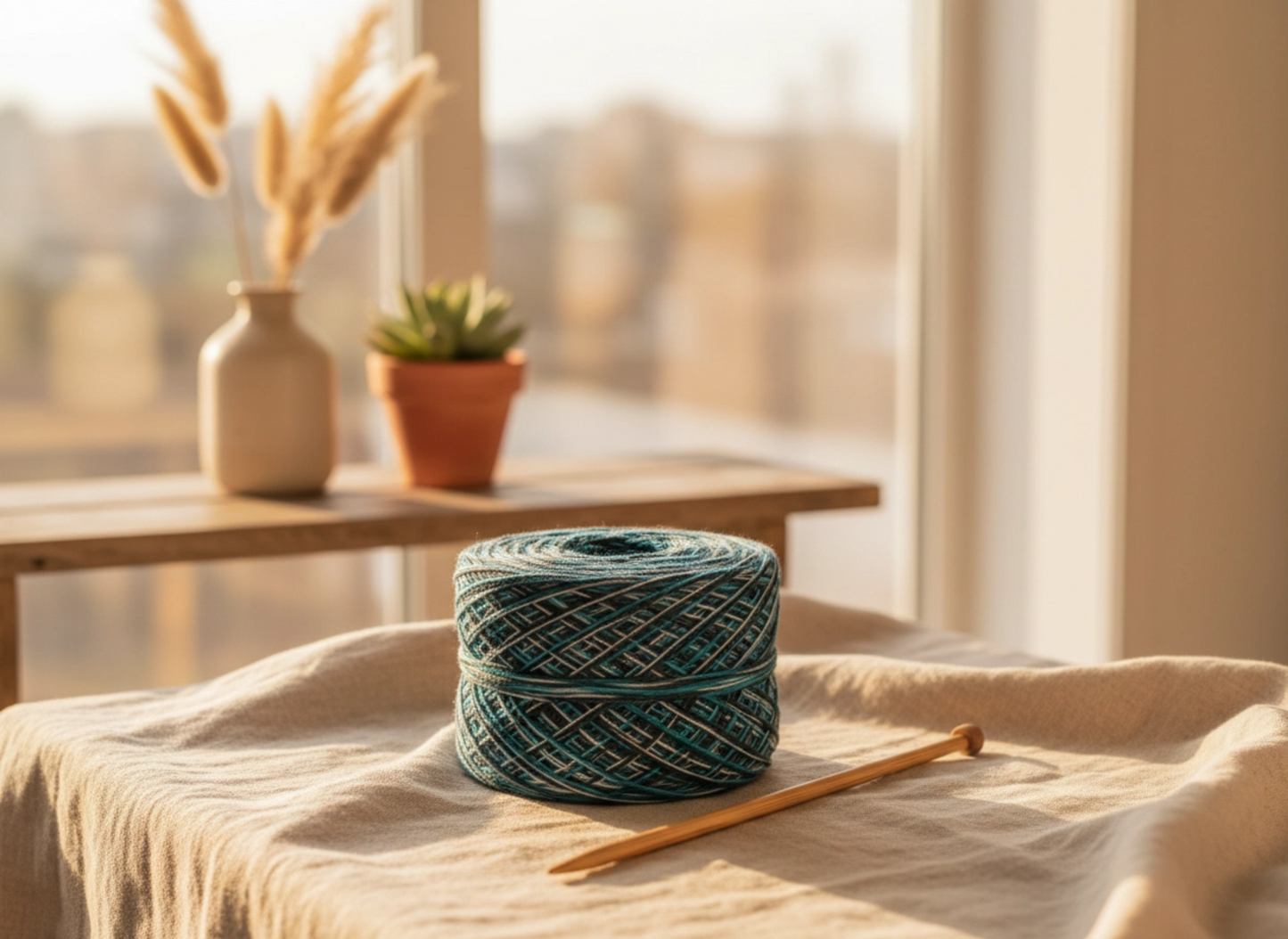 Spool of green yarn and wooden knitting needle on a textured surface with a blurred indoor background