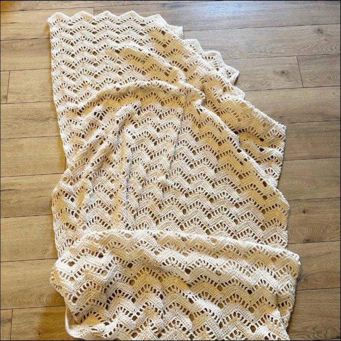Vintage Crocheted blanket with a ripple pattern shown unfolded