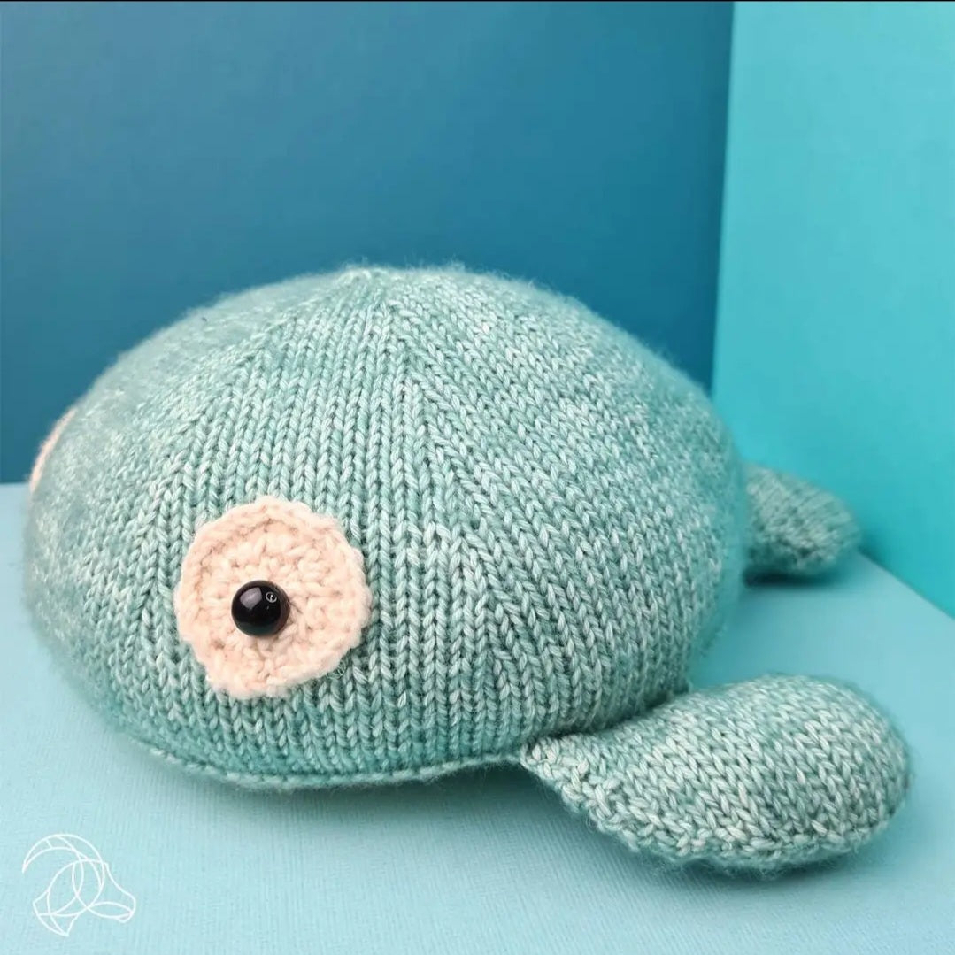 Knitted turtle toy on a blue background