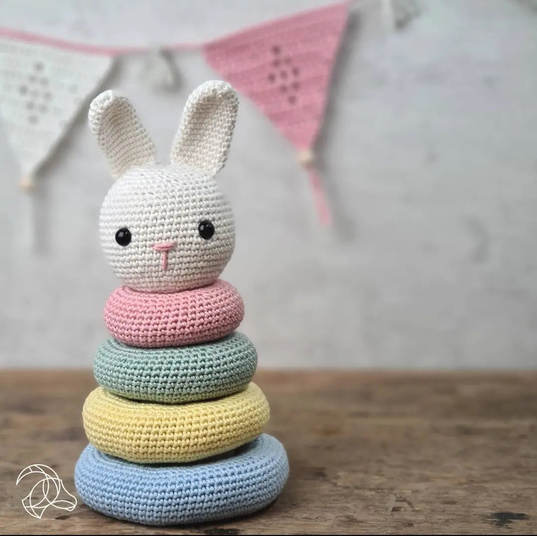 Crocheted bunny stacker toy colorful rings diy crochet kit