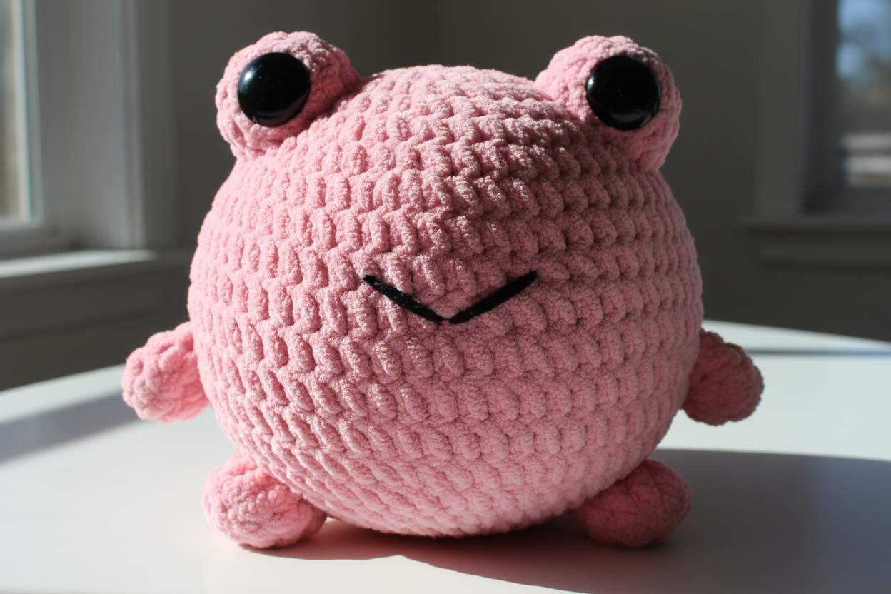Create an image of a large round stuffed plush frog toy, round and squishy, approximately the size of a basketball, Color should be pink with black accents. standard blanket yarn and sports safety eyes, Display sitting upright on a white table, photorealistic, natural lighting, clear yarn texture, cute handmade look.