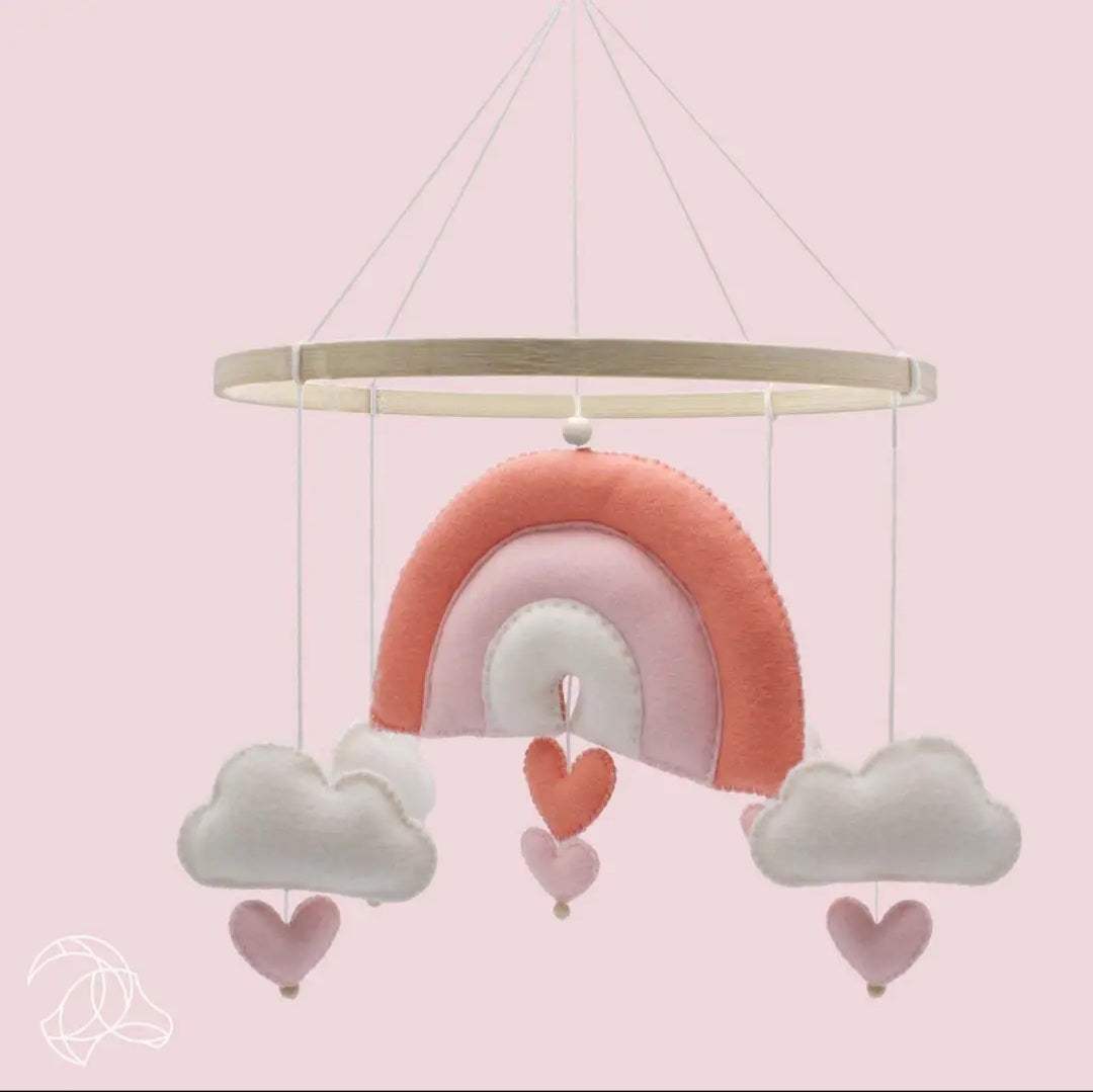nursery decor mobile with rainbow, clouds, and hearts pink with white diy craft kit
