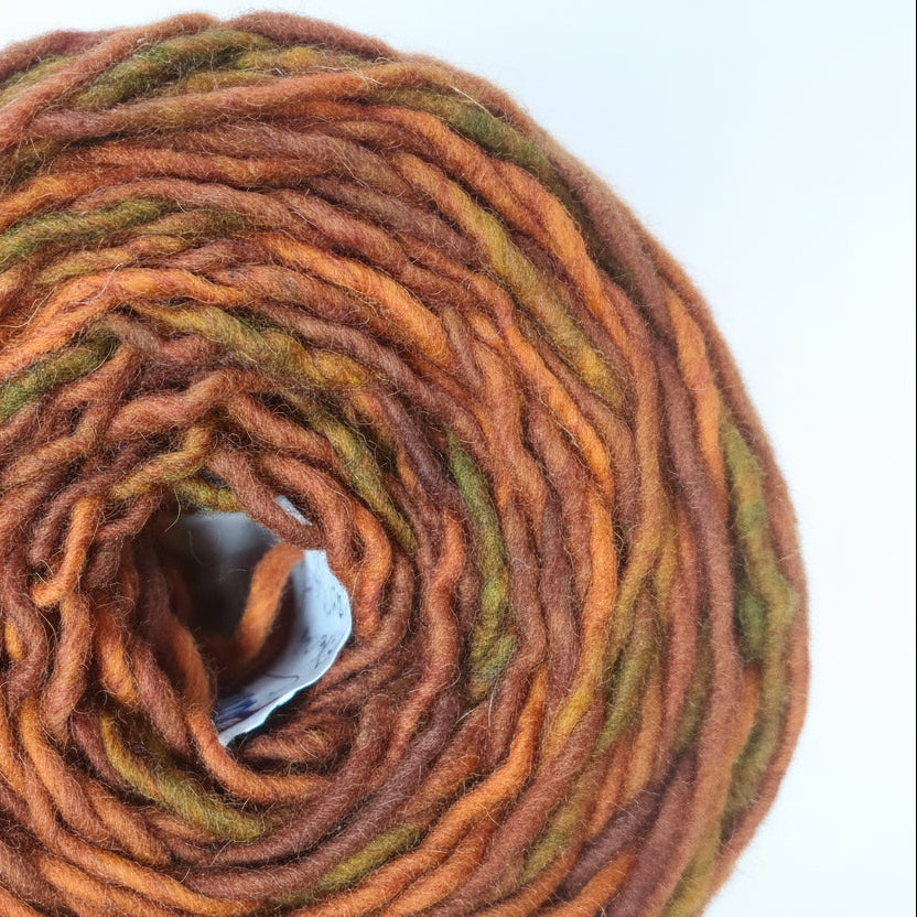 Close-up of a skein of multicolored yarn with a dark background
