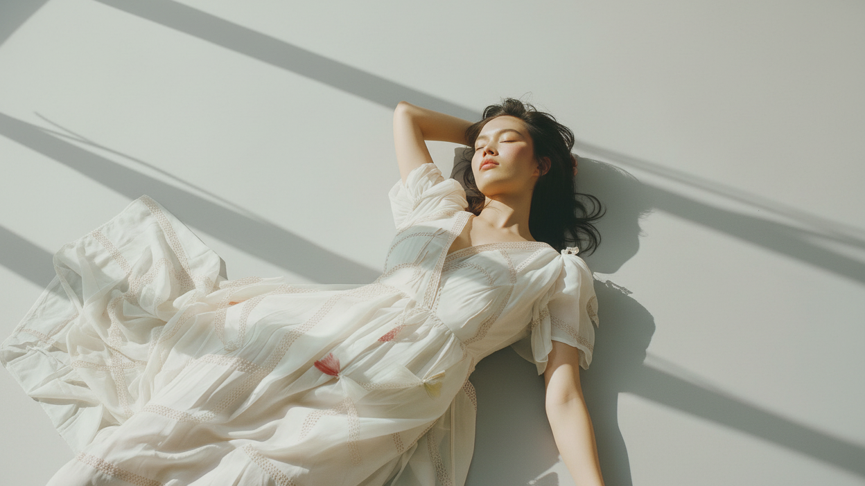 Woman in a white dress lying on a light-colored floor with soft shadows